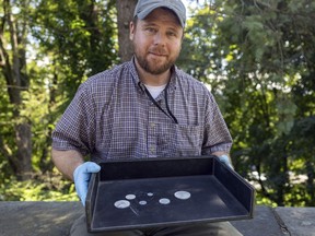 West Point archeologist Paul Hudson shows off the coins that were found under a layer of silt and dust in a recently opened time capsule.