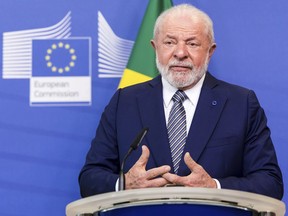 FILE - Brazil's President Lula da Silva addresses the media prior to a meeting with European Commission President Ursula von der Leyen at EU headquarters in Brussels, July 17, 2023. Lula da Silva said Wednesday Aug. 2, 2023, that he supports more countries joining the BRICS group of large developing nations, which currently includes Brazil, Russia, India, China and South Africa.