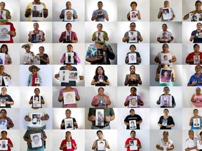 FILE - A photo composite of people holding an image of their missing relative in Iguala, Mexico and surrounding towns, taken between April and August of 2015. Karla Quintana announced her resignation on Aug. 24, 2023 as head of Mexico's National Search Commission, an entity created to search for and identify a mounting number of disappeared people in Mexico.