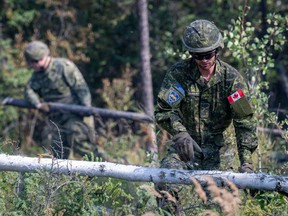 Canadian Armed Forces soldiers construct a firebreak
