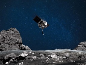 An artist's rendering of the OSIRIS-REx spacecraft descending towards asteroid Bennu to collect a sample of the surface.