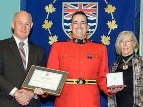 Ridge Meadows RCMP Const. Rick O'Brien received a medal of valour along with several other officers shortly after joining the national force in 2016. (Also pictured are Minister of Public Safety and Solicitor General Mike Farnworth and former lieutenant governor Judith Guichon.)
