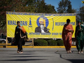 A photograph of late temple president Hardeep Singh Nijjar is seen on a banner outside the Guru Nanak Sikh Gurdwara Sahib, in Surrey, B.C., on Monday, September 18, 2023.