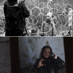 A scene from Green Border, top, and Walls.