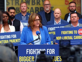 Manitoba PC leader Heather Stefanson makes an election campaign announcement in Winnipeg.