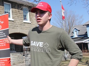 Josh Alexander speaks at a rally outside the Renfrew County Catholic District School Board office in April 2023, calling for his readmission to school after having been expelled for his views on gender identity.
