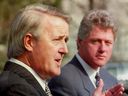 Former prime minister Brian Mulroney, front, and former U.S. president Bill Clinton both came to power on the promise of focusing on the economy and jobs, writes Frank Stronach.