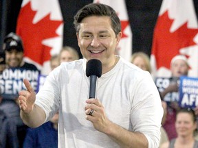 Conservative Leader Pierre Poilievre speaks at a rally in Sault Ste. Marie, Ont., on July 27, 2023.