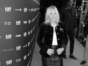 Actor Patricia Arquette wears a SAG-AFTRA STRONG button on the red carpet for the movie "Gonzo Girl" during the 2023 Toronto International Film Festival.