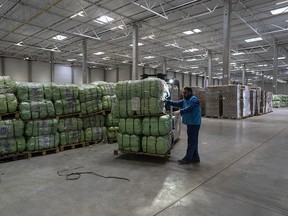 A truck with supplies for Ukraine in an aid warehouse.