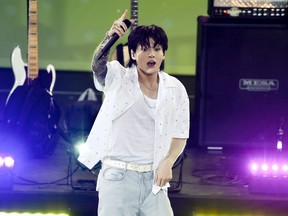 FILE - South Korean singer Jung Kook from the K-pop band BTS performs solo on ABC's "Good Morning America" at Rumsey Playfield/SummerStage on July 14, 2023, in New York. Jung Kook will join the Global Citizen Festival lineup, making one of his first live solo appearances at the Sept. 23 benefit concert in New York's Central Park.