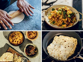 Clockwise from top left: rolling roti, kothu, cooking roti and curries from Hoppers