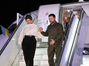 Ukrainian President Volodymyr Zelenskyy and his wife Olena Zelenska arrive at the Ottawa airport for a visit to Canada, on Thursday, Sept. 21, 2023.
