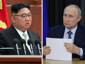 Kim Jong Un and Vladimir Putin in separate photos