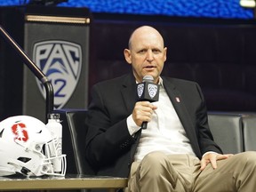 FILE - Stanford head coach Troy Taylor speaks at the NCAA college football Pac-12 media day Friday, July 21, 2023, in Las Vegas. The Atlantic Coast Conference has cleared the way for Stanford, California and SMU to join the league, two people with direct knowledge of the decision told The Associated Press on Friday, Sept. 1, 2023, providing a landing spot for two more teams from the disintegrating Pac-12.