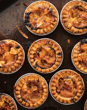 Pear and brie tarts with roasted shallots and garlic