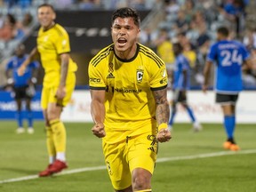 Columbus Crew's Cucho Hernandez reacts after scoring against CF Montreal during first half MLS soccer action in Montreal on Saturday, September 2, 2023.