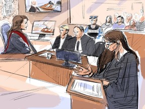 Veltman, defence counsel Peter Ketcheson and federal 
prosecutor Sarah Shaikh attend court at Veltman's trial in Windsor, Ont., Monday, Sept.11, 2023.