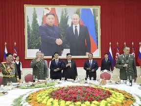 FILE - In this photo provided by the North Korean government, North Korean leader Kim Jong Un, center, and Russian Defense Minister Sergei Shoigu, center left, attend a banquet at the ruling Workers' Party's headquarters in Pyongyang, North Korea on July 27, 2023. Independent journalists were not given access to cover the event depicted in this image distributed by the North Korean government. The content of this image is as provided and cannot be independently verified. (Korean Central News Agency/Korea News Service via AP, File)