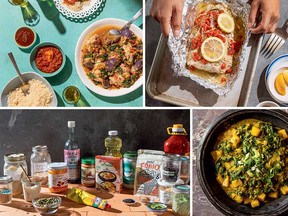 Clockwise from top left: ginger chicken kedjenou with eggplant and tomato, steamed cod liboke, coconut collard greens with butternut squash and West African pantry staples