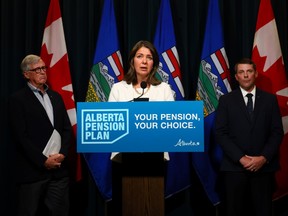 Danielle Smith, Premier, Nate Horner, President of Treasury Board and Minister of Finance and Jim Dinning, chair, Alberta Pension Plan Report Engagement Panel release an independent report on a potential Alberta Pension Plan in Calgary on Wednesday, September 20, 2023.