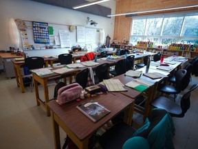 An elementary school classroom is seen in Vancouver, B.C., Thursday, April 13, 2023.