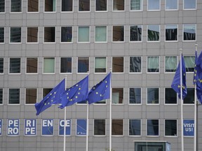 European Union flags flap in the wind in the EU Quarter of Brussels, Wednesday, Sept. 20, 2023. The European Quarter is the headquarters of the main buildings of the European Union, inluding the European Parliament.