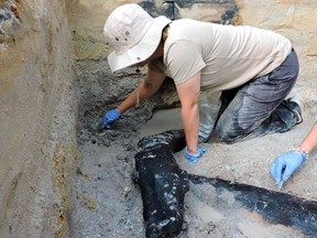 An excavation team uncovers a wooden structure found on a riverbed in Zambia.