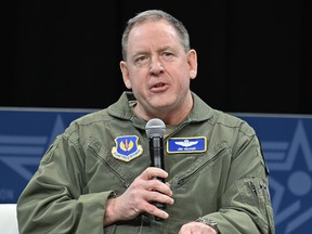 In this photo provided by the U.S. Air Force, Gen. James Hecker, commander of U.S. Air Forces in Europe, speaks at the Air and Space Forces Association 2023 Warfare Symposium in Aurora, Colo., March 8, 2023. The U.S. is making precautionary plans to evacuate two key drone and counter-terror bases in Niger if that becomes necessary under the West African nation's new ruling junta. That word came Friday from the Air Force commander for Africa, Gen. James Hecker.