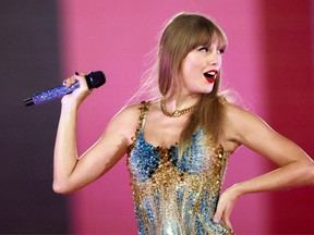 Taylor Swift performs during her Eras Tour at Sofi stadium in Inglewood, Calif.