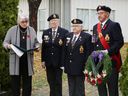 Greater Sudbury Deputy Mayor Joscelyne Landry-Altmann, left, Gisele Pharand, Branch 76 poppy chair, Branch 76 president Sylvia Prevost, and Sgt-At-Arms Roger Bujold take part in a ceremony kicking off the Poppy Campaign at Branch 76 of the Royal Canadian Legion in Sudbury, Ont. on Friday October 27, 2023. Poppies are available at a number of locations across the city until Nov. 11. The Remembrance Day service will be at the Sudbury Community Arena on Nov. 11 starting at 10:30 a.m.
