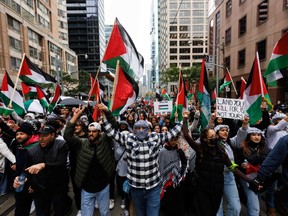 People wave Palestinian flags during a demonstration in Toronto.