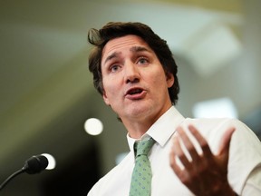 Prime Minister Justin Trudeau speaking during a news conference.