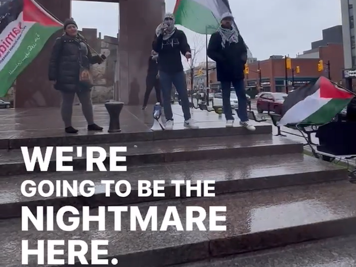  Screenshot of a video from a Thanksgiving weekend rally in Calgary to praise Oct. 7 terror attacks that killed more than 1000 Israelis. Speaker Mahmoud Kahlil, who uploaded and annotated the video, called for more attacks and said to cheers “we’re going to be the nightmare here.”