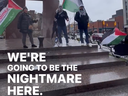 Screenshot of a video from a Thanksgiving weekend rally in Ottawa to praise Oct. 7 terror attacks that killed more than 1000 Israelis. Speaker Mahmoud Kahlil, who uploaded and annotated the video, called for more attacks and said to cheers 