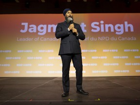 NDP Leader Jagmeet Singh during his Leadership Showcase at the NDP Convention in Hamilton, Ont. Saturday, Oct. 14, 2023.