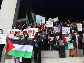 A few hundred Pro-Palestinian supporters held a rally on the steps of the Toronto Metropolitan University (formerly Ryerson) Student Learning Centre at Gould and Yonge Sts. to denounce the ongoing war going on in the Gaza Strip on Friday Oct. 20, 2023.