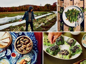Clockwise from top left: Stéphanie Wang at her farm Le Rizen in Quebec's Eastern Townships, lightly braised gai lan with miso and pancetta, glazed baluchoux with teriyaki sauce and steamed pork-stuffed Asian eggplant