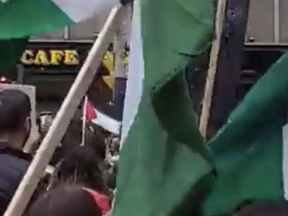 Palestinian flags outside Cafe Landwer