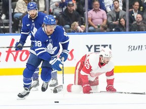 Toronto Maple Leafs' William Nylander controls the puck as Detroit Red Wings' Taro Hirose stumbles during second period NHL preseason hockey action in Toronto, on Thursday, October 5, 2023.THE CANADIAN PRESS/Chris Young