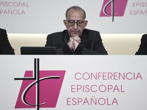 The president of the Spanish Bishops Conference, Cardinal Juan José Omella, attends a press conference in Madrid, on Tuesday, Oct. 31 2023. Spain's Catholic bishops on Monday apologized again for sex abuses committed by church members following a report by Spain's Ombudsman that accused the church of widespread negligence on the matter. (Fernando Sanchez/Europa Press via AP) **SPAIN OUT**