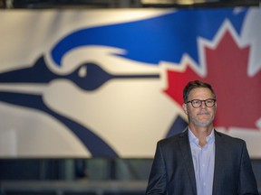Toronto Blue Jays general manager Ross Atkins arrives for his end-of-season media availability in Toronto on Saturday October 7, 2023. Atkins says manager John Schneider made the decision to pull starting pitcher Jose Berrios in Toronto's playoff-ending loss to the Minnesota Twins.