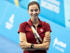 Canada's assistant coach Lyza Yakhno is seen at the Pan Am Games in Santiago, Chile on Tuesday, Oct. 31, 2023. The 25-year-old had retired from artistic swimming after winning team bronze with Ukraine in Tokyo when Russia invaded her country Feb. 24, 2022.