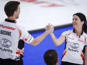 Kerri Einarson and Brad Gushue will skip Canada's teams at the upcoming Pan Continental Curling Championships. Einarson, right, and Gushue celebrate defeating Team Schmiemann/Morris in the semifinal at the Canadian Mixed Doubles Curling Championship in Calgary, Alta., Thursday, March 25, 2021.