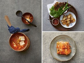 Clockwise from left: kimchi jjigae, stir-fried gochujang and lettuce ssam, and napa cabbage kimchi
