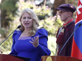 FILE - Slovakia's President Zuzana Caputova talks to the media during a news conference in Skopje, North Macedonia, Wednesday, Sept. 7, 2022. Caputova was ready to swear in a new Cabinet lead by a former populist prime minister after its junior party accepted her condition to remove an originally nominated environment minister known for his disbelieve in the threat of climate change, the presidential office said on Tuesday, Oct. 24, 2023.