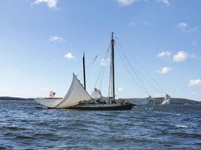 This photo provided by Kurt Schleicher shows the schooner Grace Bailey with its main mast broken off the coast of Rockland, Maine, on Monday, Oct. 9, 2023.