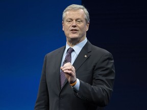 FILE - NCAA president Charlie Baker speaks during the NCAA Convention, Thursday, Jan. 12, 2023, in San Antonio. Baker is expected to testify in front of a Senate committee next week during the 10th hearing on Capitol Hill over the last three years on college sports.