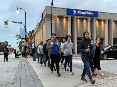 A walking vigil in downtown Owen Sound, Ont., on Aug. 23, 2023.