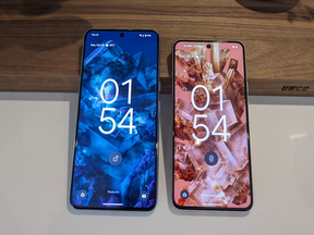 The Google Pixel 8 Pro on the left, with the smaller Pixel 8 on the right.